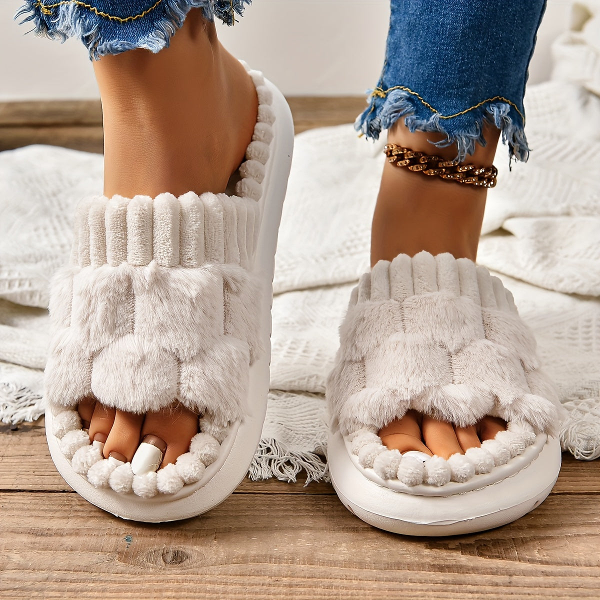 Honeycomb Plush Slippers For Women, Cozy & Warm Soft Sole Open Toe Shoes, Comfortable Indoor Slippers